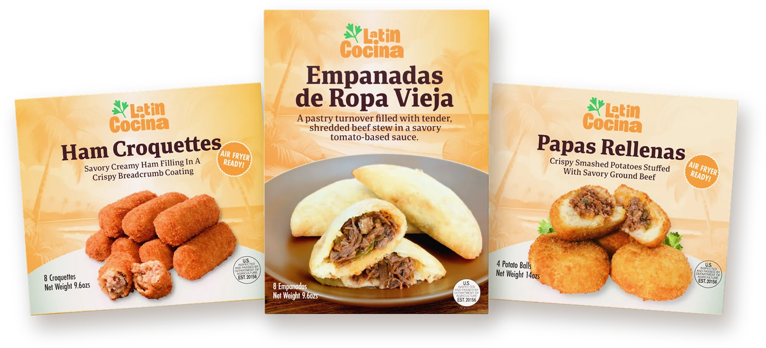Latin Cocina Ham Croquettes, Empanadas de Ropa Vieja and Papas Rellenas boxes
